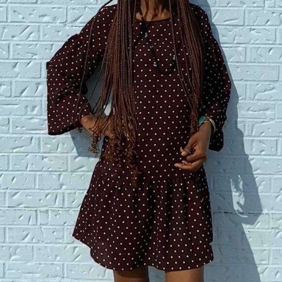 NWOT Women's Brown White Polkadots Long Flare Sleeves Mini dress with Pockets - Picture 4 of 8